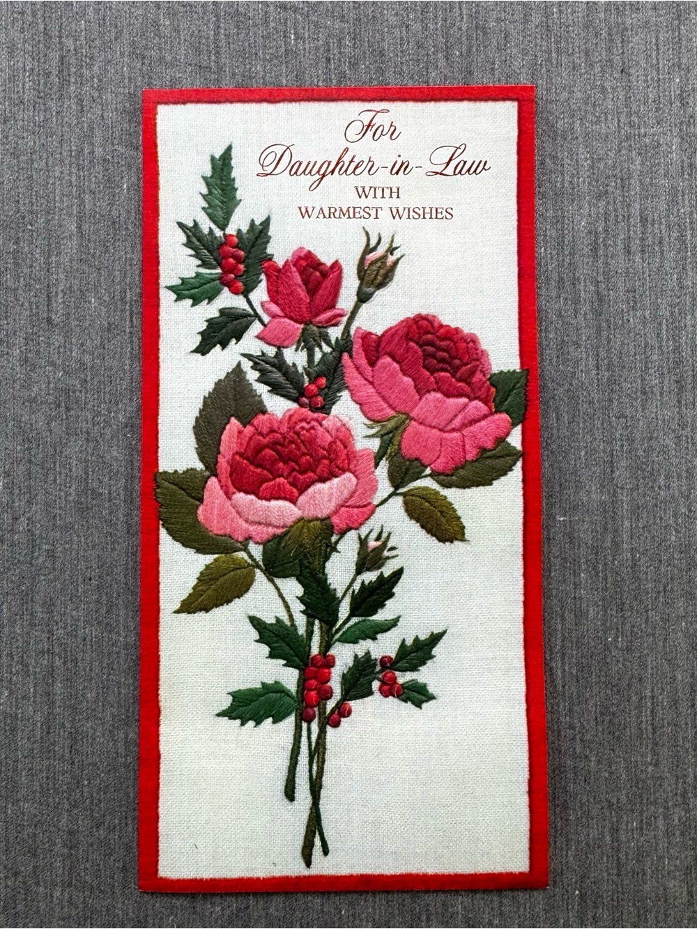 1970s Hallmark Embroidered Rose Christmas Greeting Card Daughter In Law USA